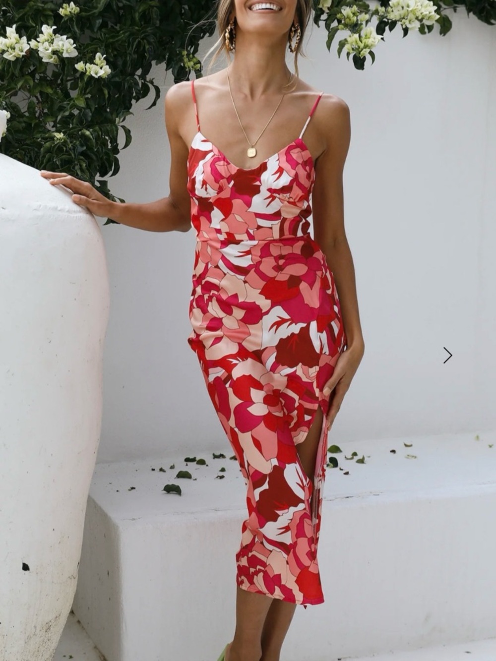 Hello Molly Floral Slip Midi Dress - Red Pink